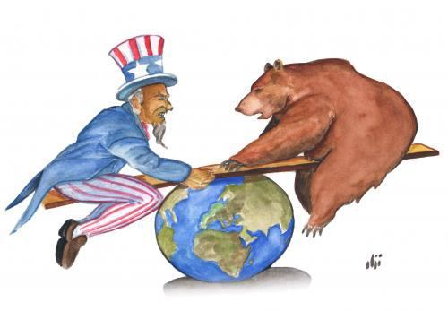 EUA (Tio Sam) x URSS (Urso), disputavam a hegemonia mundial  Reprodução: profclaugeohist.blogspot.com.br