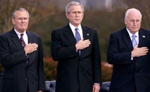 ARLINGTON, VA - DECEMBER 15: (L-R) US Secretary of Defense Donald Rumsfeld, US President George W. Bush and US Vice President Dick Cheney attend the Armed Forces Farewell Tribute to Rumsfeld at the Pentagon December 15, 2006 in Arlington, Virginia. Praise was heaped on the outgoing secretary by Bush and Cheney and Rumsfeld used his farewell speech to call for an increase in military spending. (Photo by Chip Somodevilla/Getty Images) *** Local Caption *** Donald Rumsfeld;George W. Bush;Dick Cheney